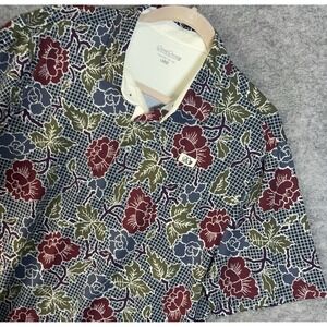 Good Good Golf Polo Mens Sz L Blue Check Floral Stretch Active Performance